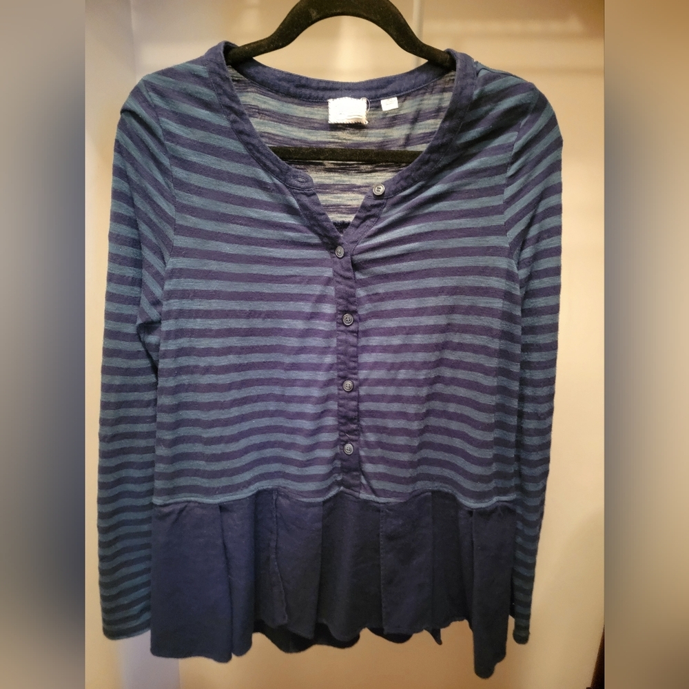 Anthropologie Blue Striped Long Sleeve Henley Top - Size Large